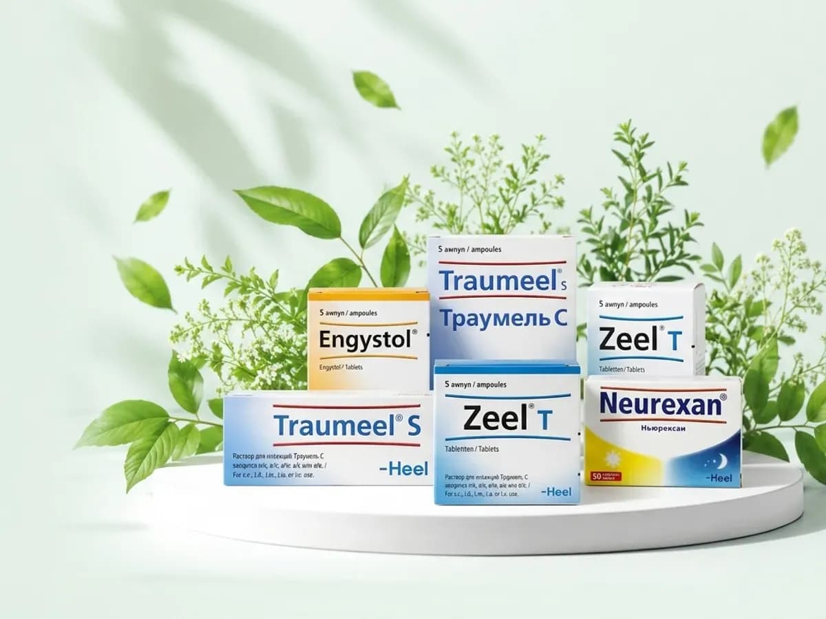 Heel önümleri: Engystol, Traumeel S, Zeel T we Neurexan ýaşyl ýapraklaryň arasynda ak postamentde