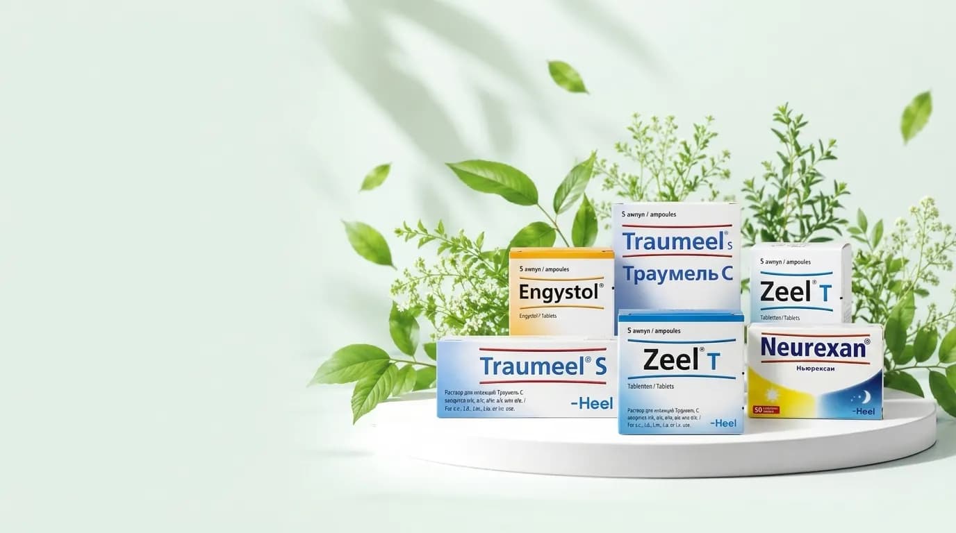 Heel önümleri: Engystol, Traumeel S, Zeel T we Neurexan ýaşyl ýapraklaryň arasynda ak postamentde